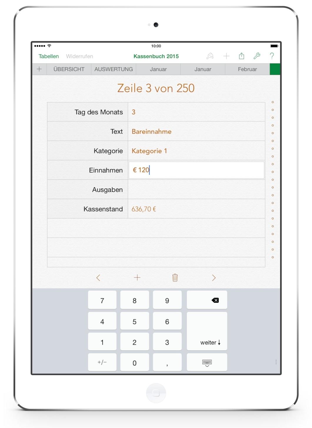 Numbers Vorlage Kassenbuch Formular auf iPad 2015