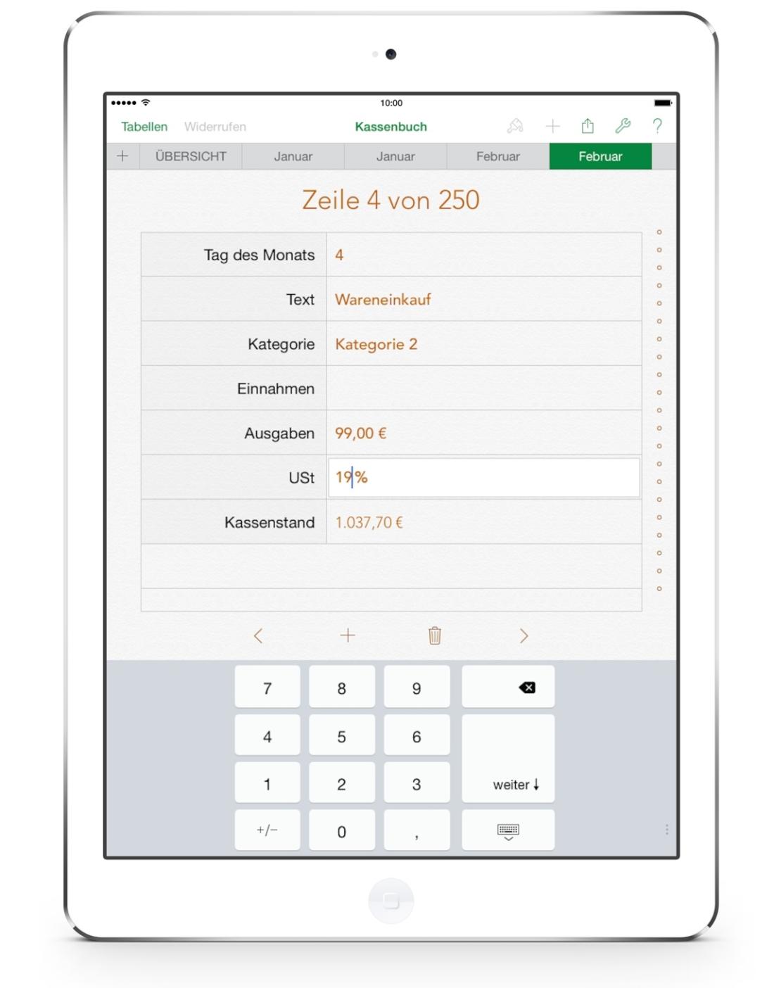 Numbers Vorlage Kassenbuch mit USt Formular auf iPad