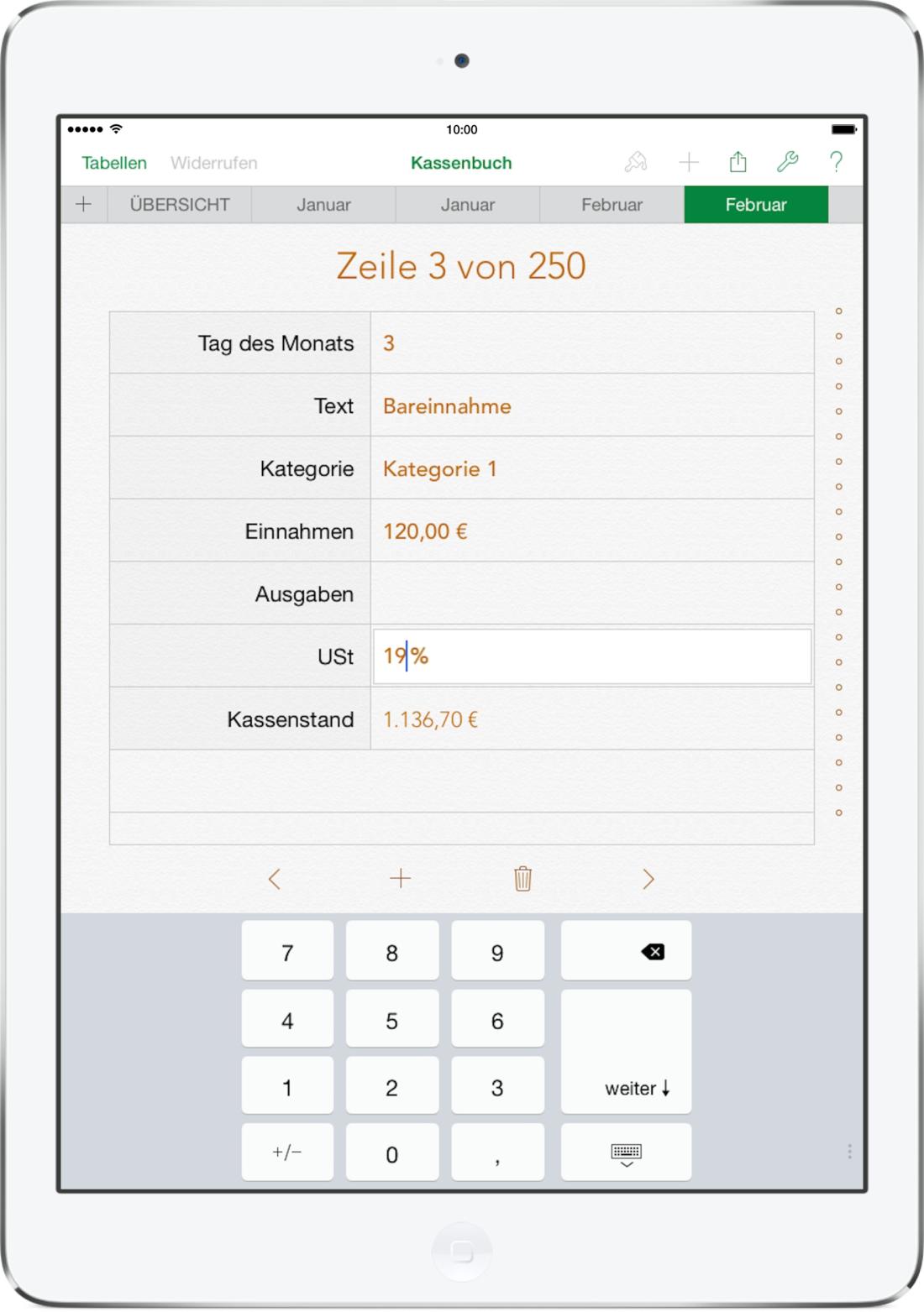 Numbers Vorlage Kassenbuch mit USt Formular auf iPad 2015