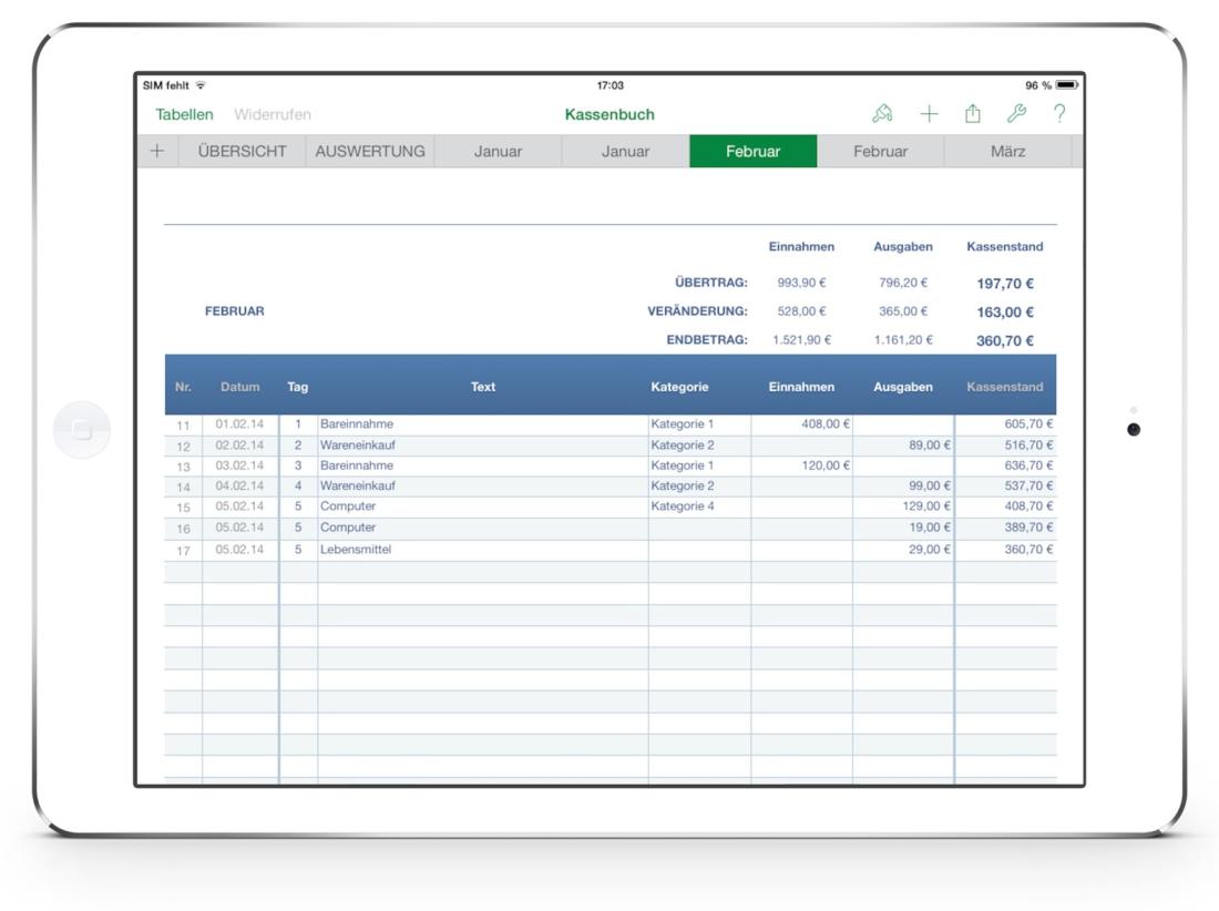 Numbers Vorlage Kassenbuch Tabelle auf iPad 2014