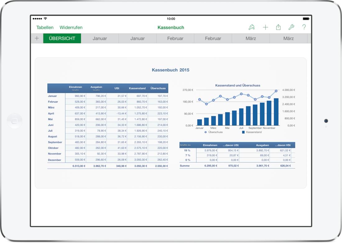 Numbers Vorlage Kassenbuch mit USt Zusammenfassung auf iPad 2015