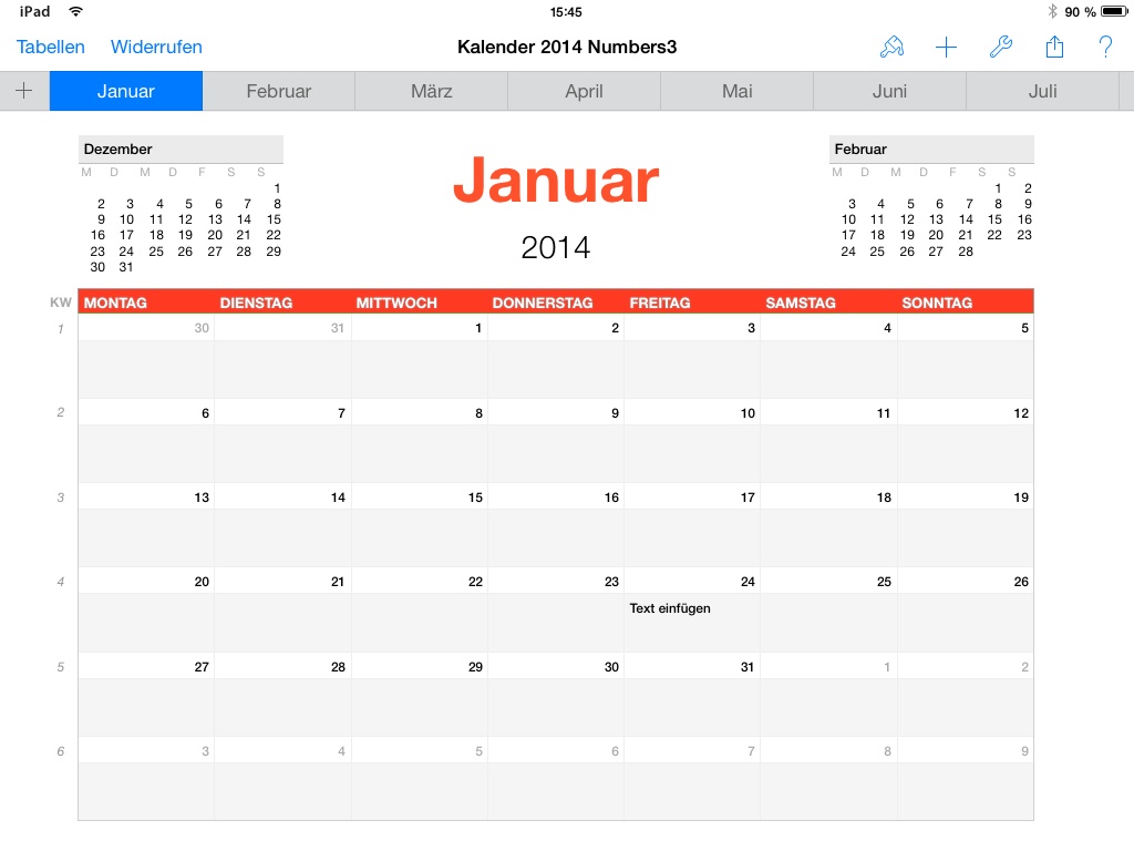 Numbers Vorlage Kalender 2014 iPad