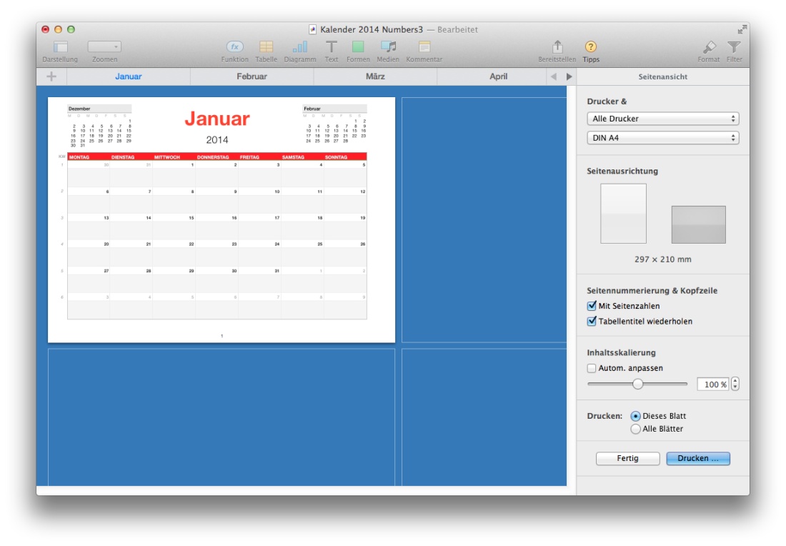 Numbers Vorlage Kalender 2014 Drucken