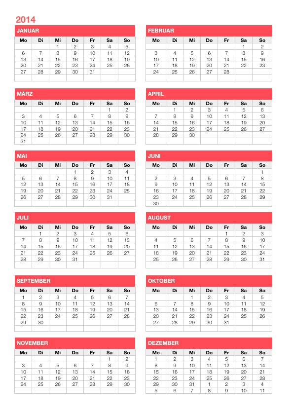 Numbers Vorlage Kalender 2014 ganzes Jahr