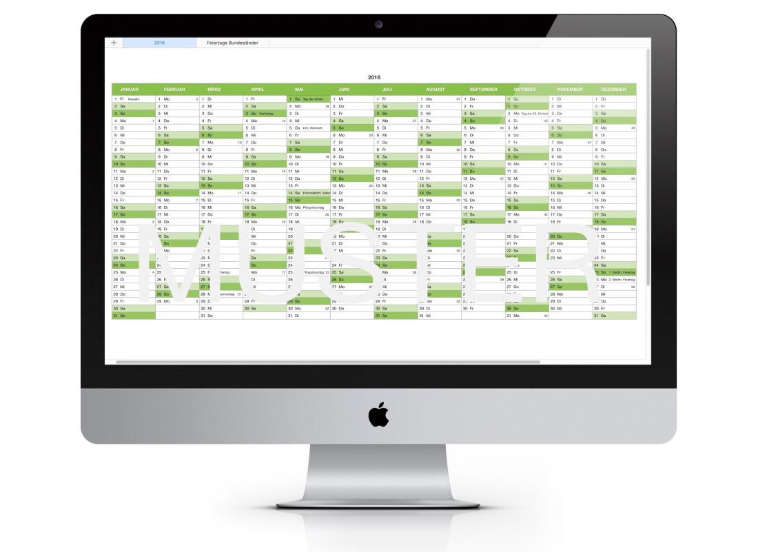 Numbers Vorage Kalender 2016 Mac