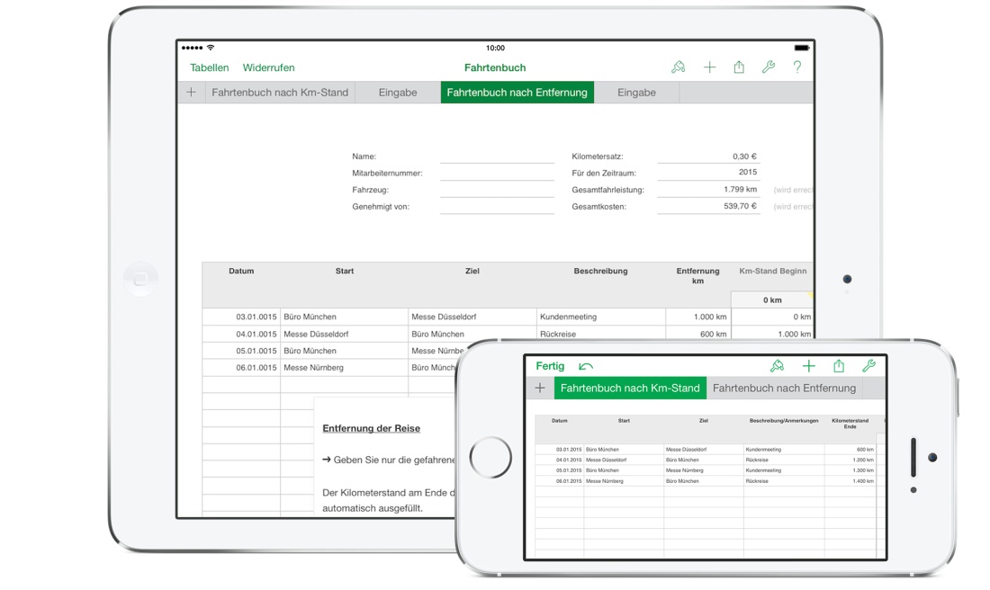 Numbers Vorlage Fahrtenbuch auf iPad und iPhone