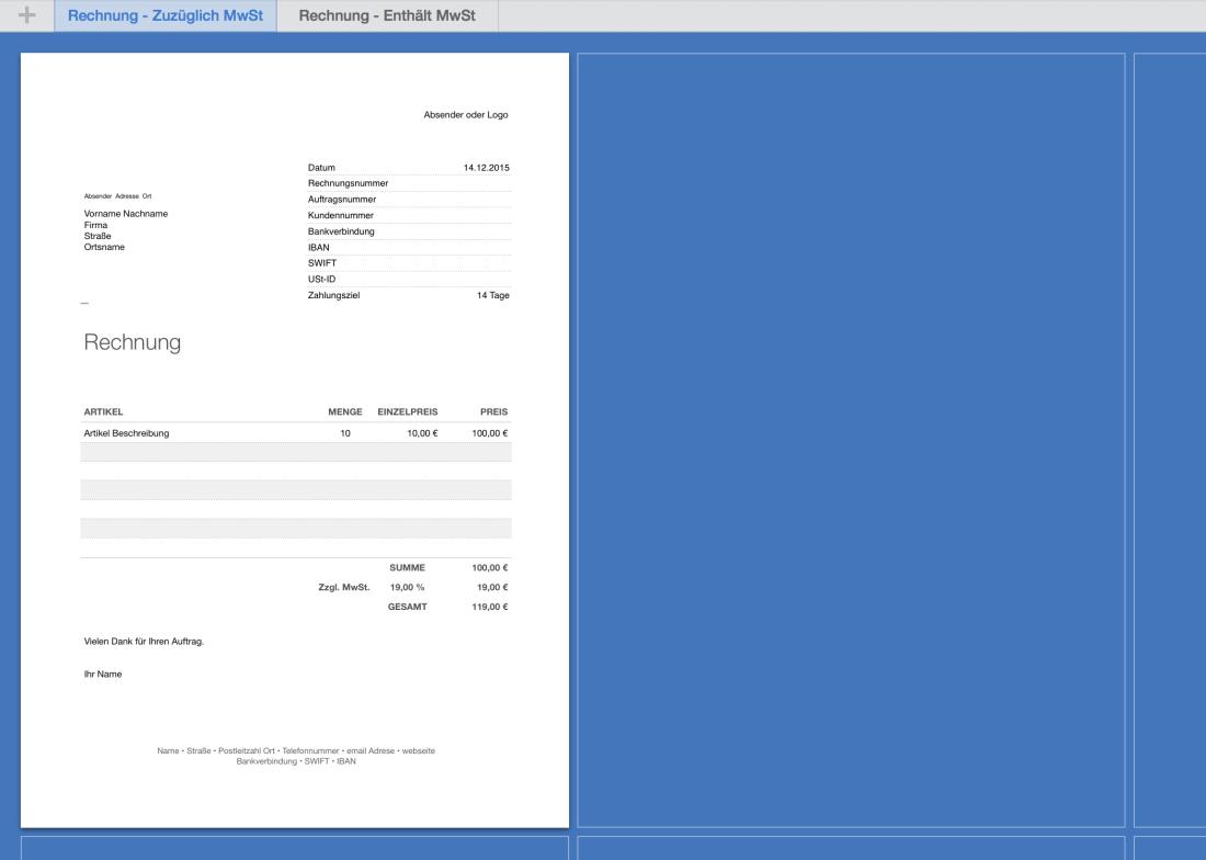 Numbers Rechnungsvorlage Druckansicht