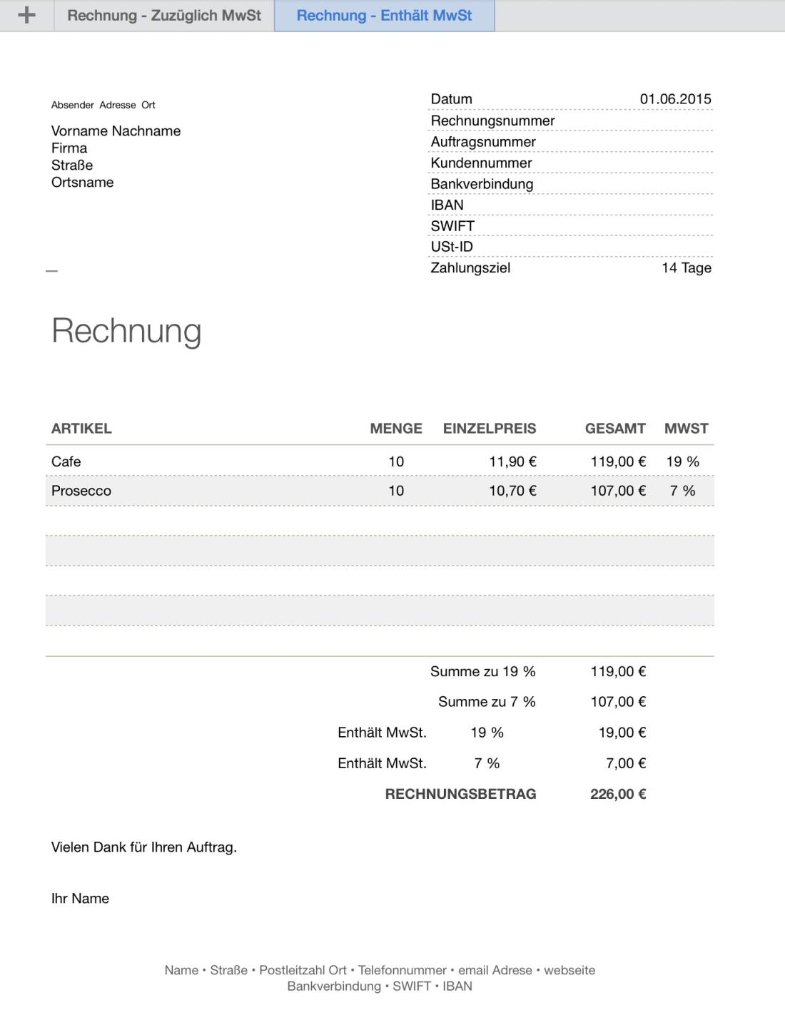 Numbers Rechnungsvorlage inklusive MwSt