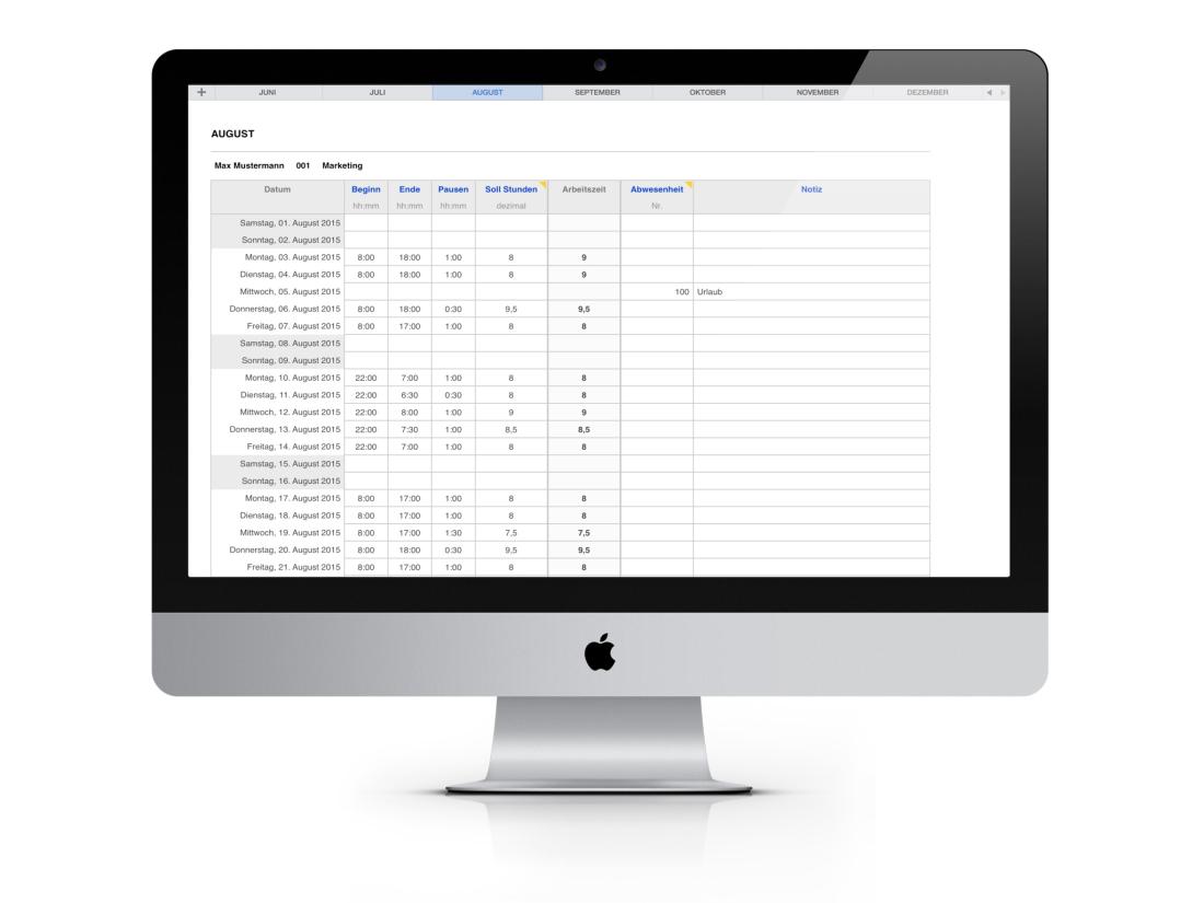 Numbers Vorlage Zeiterfassung Arbeitszeit für Mac