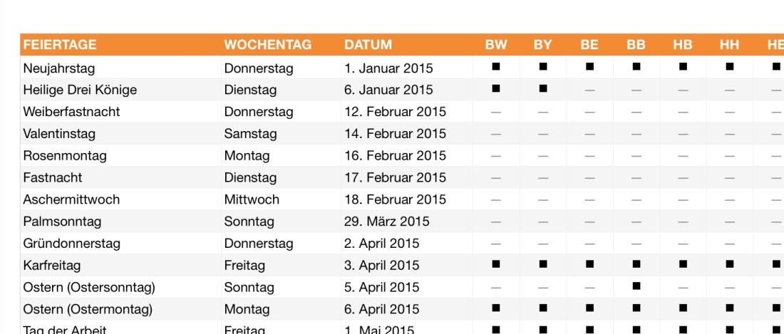 Numbers Vorlage Feiertage Deutschland 2015