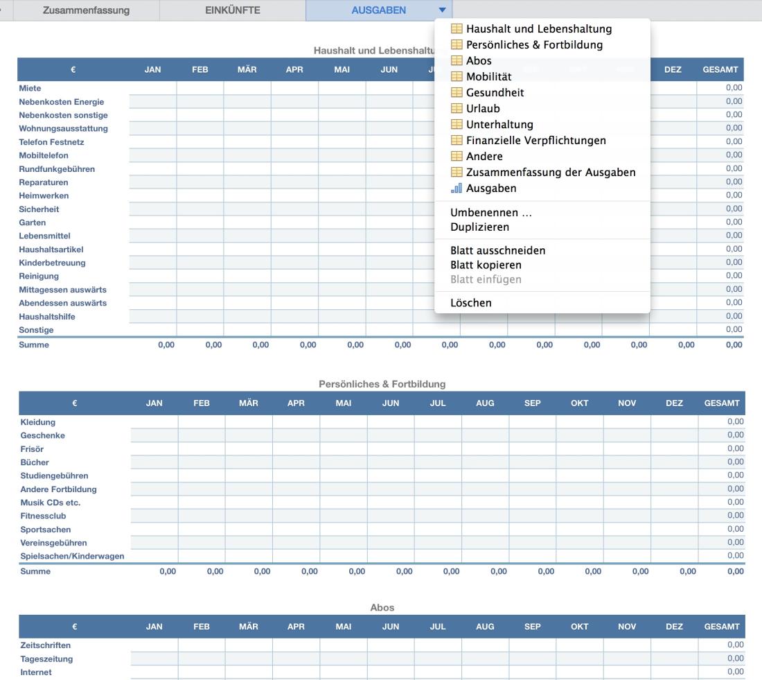 Numbers Vorlage Haushaltsbuch Budget Tabellen 