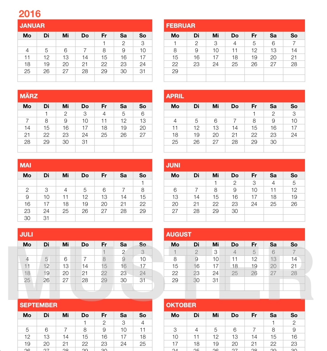 Numbers Vorlage Kalender 2016 ganzes Jahr Übersicht