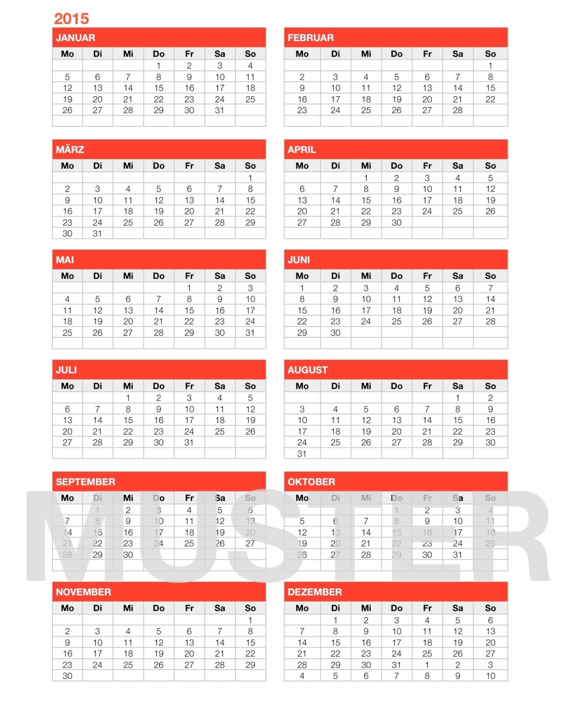 Numbers Vorlage Kalender 2015 ganzes Jahr Übersicht