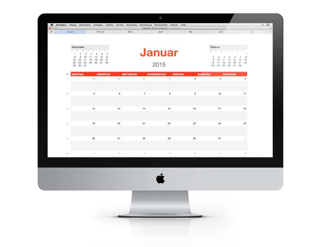 Numbers Vorlage Kalender 2015 iMac