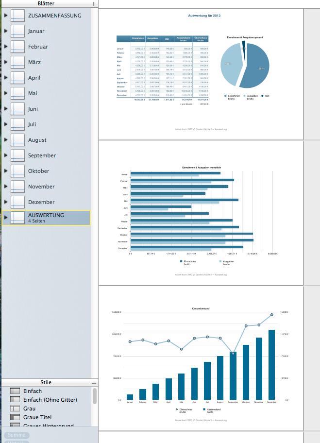 Numbers Vorlage Kassenbuch Druckansicht Auswertung
