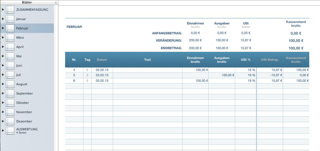 Numbers Vorlage Kassenbuch Hauptansicht