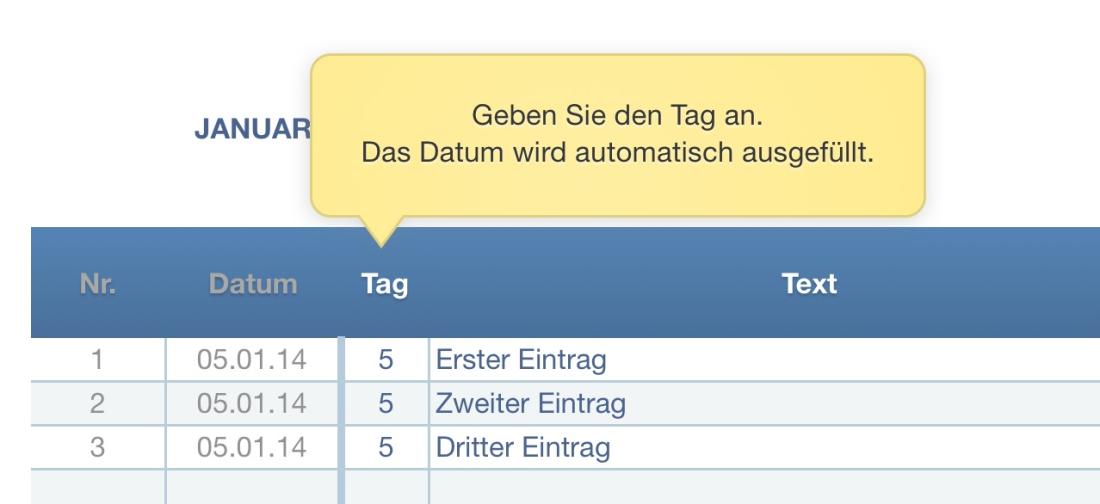 Numbers Vorlage Kassenbuch mit USt Datumseingabe