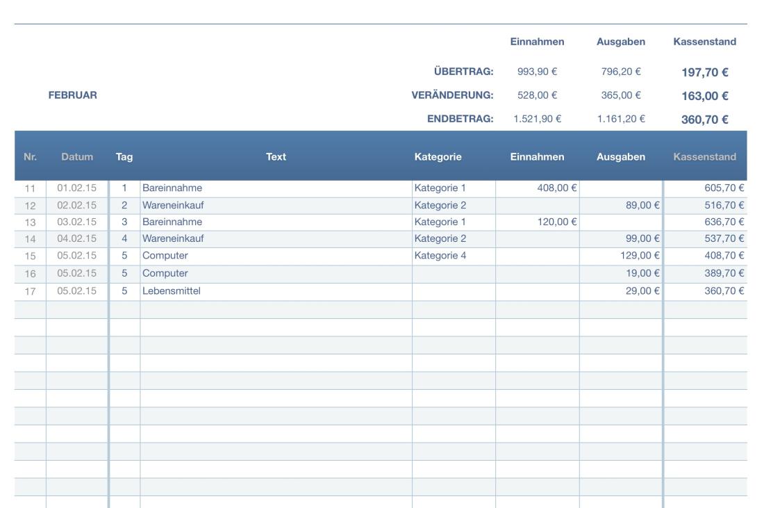 Numbers Vorlage Kassenbuch Mac und iPad Eingabe 2015
