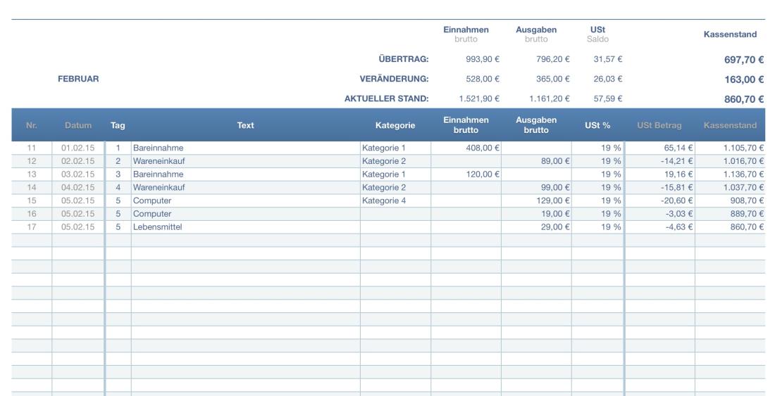 Numbers Vorlage Kassenbuch mit USt Summen 2015