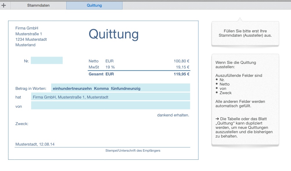 Numbers Vorlage Quittung Screenshot