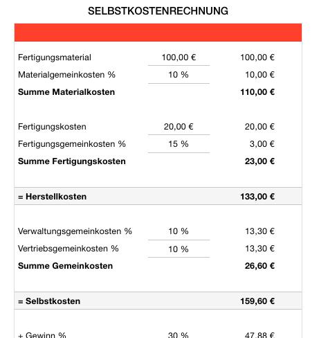 Numbers Vorlage Selbstkostenrechnung Detail 1