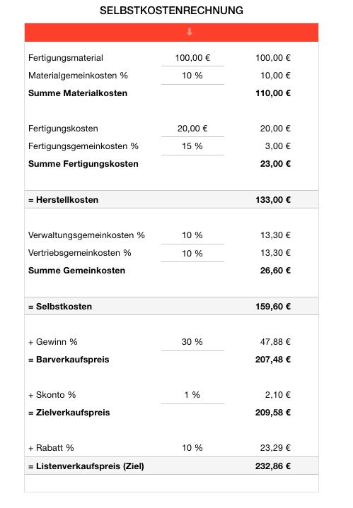 Numbers Vorlage Selbstkostenrechnung Selbstkosten berechnen