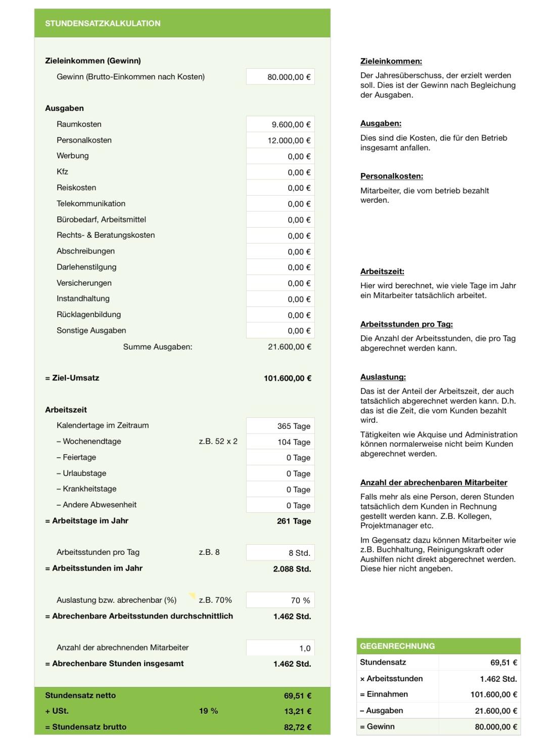 Numbers Vorlage Stundensatz berechnen Kalkulation Übersicht