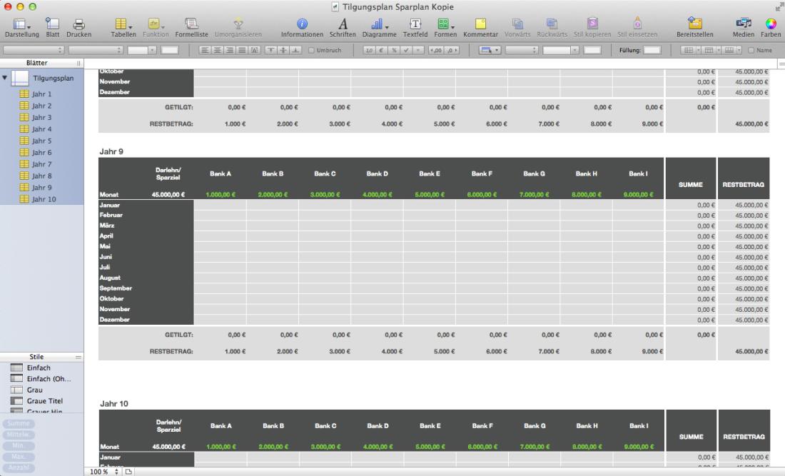 Numbers Vorlage Darlehn Tilgungsplan Sparplan Übersicht