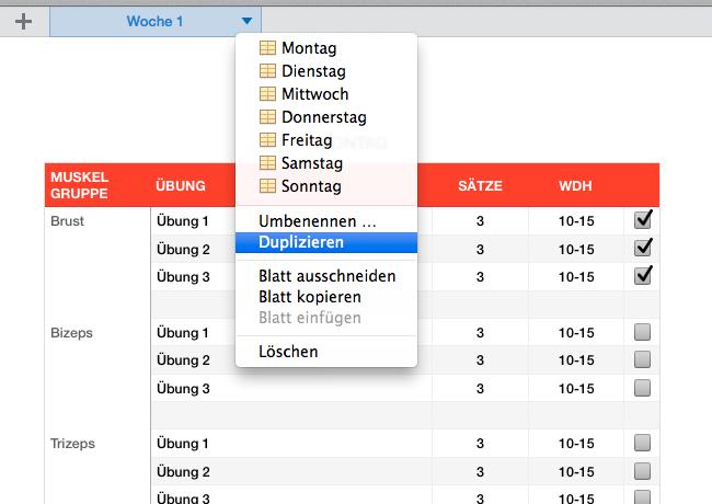 Numbers Vorlage Trainingsplan Fitness duplizieren