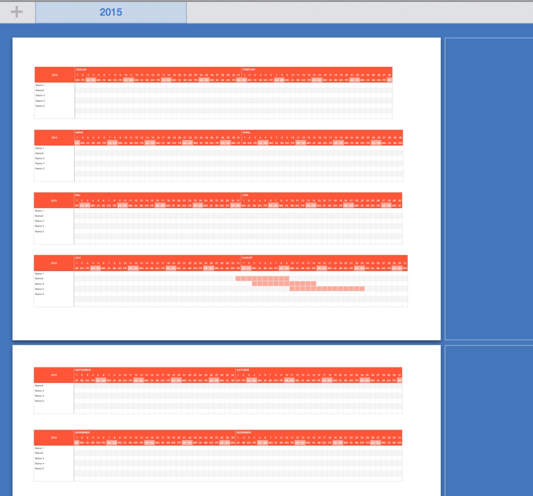 Numbers Vorlage Urlaubsplan Druckansicht