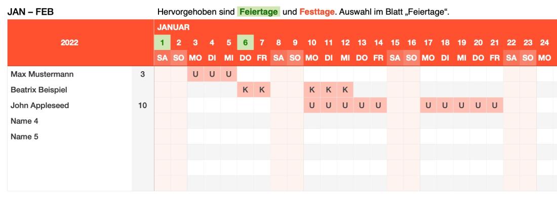 Numbers Vorlage Urlaubsplaner 2022 eintragen