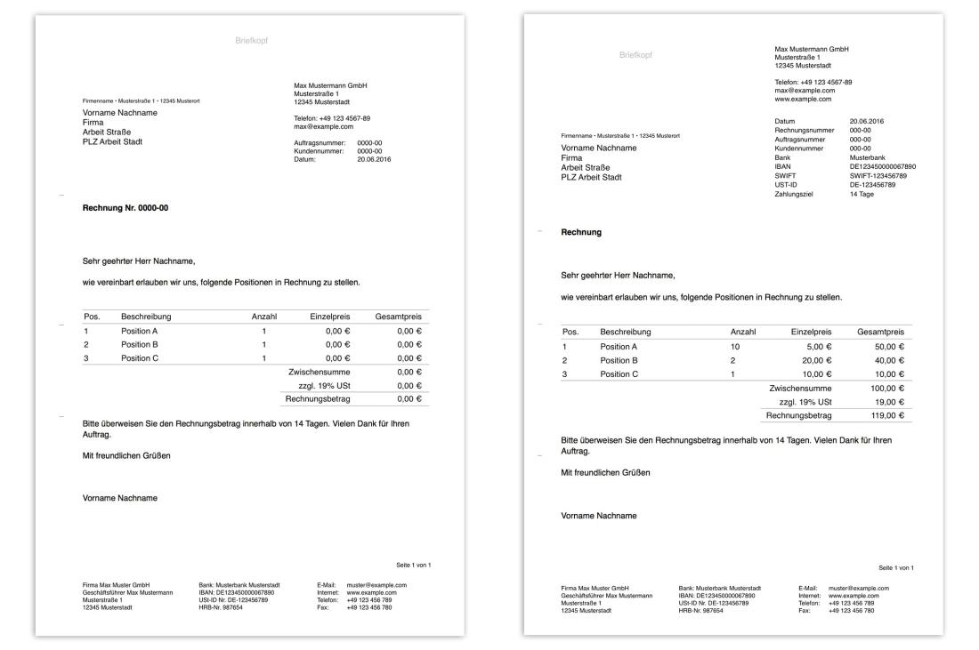 Pages Rechnung Vorlage Layout Vergleich