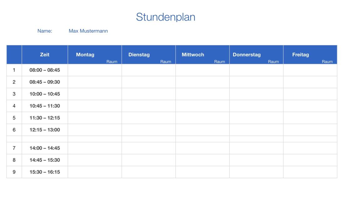 Vorlage Stundenplan blau