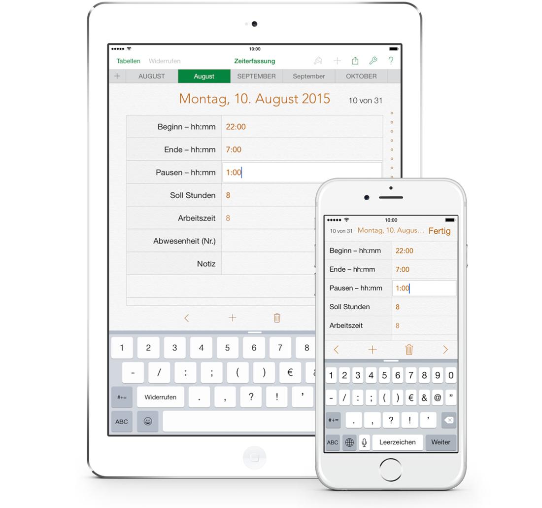 Numbers Vorlage Zeiterfassung Arbeitszeit iPad iPhone Formular