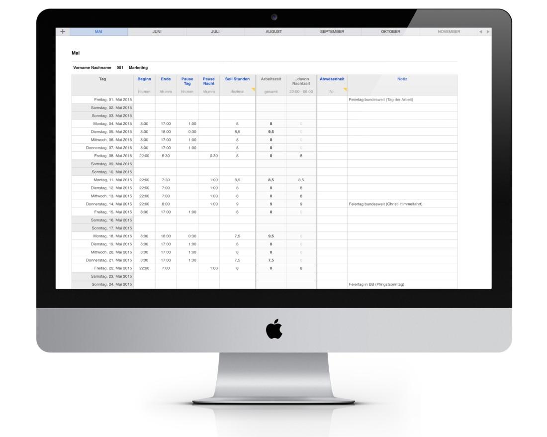 Numbers Vorlage Zeiterfassung Arbeitszeit Nachtschicht 2015 iMac