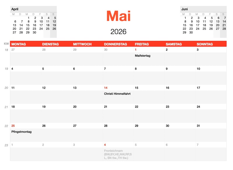 Numbers Vorlage Kalender 2026