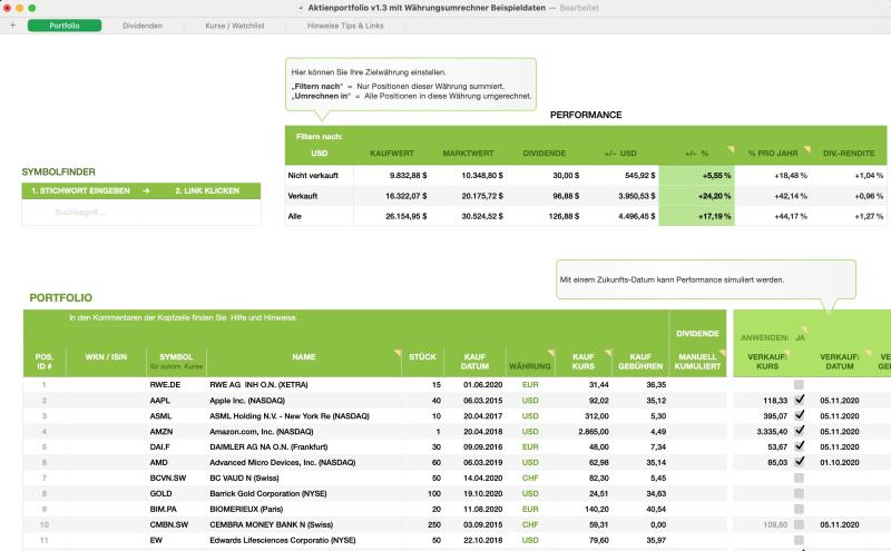 Numbers Vorlage für Mac Aktien Depot Analyse Verwaltung