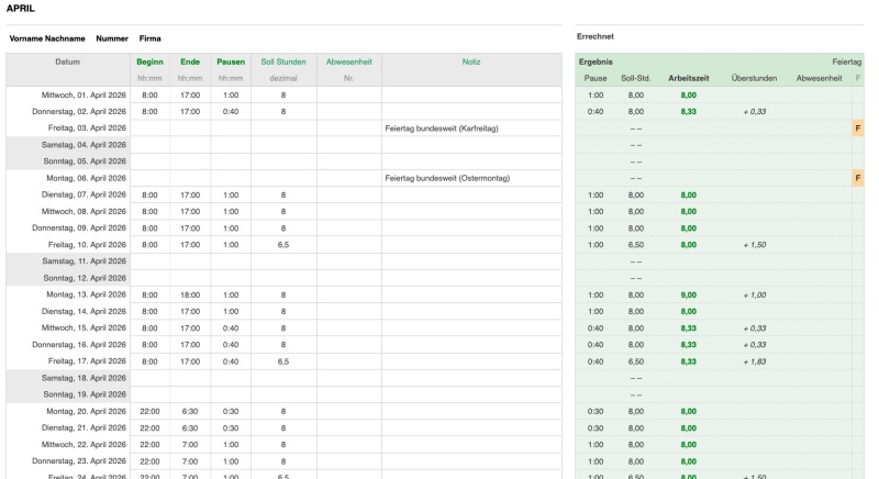 Numbers Vorlage Zeiterfassung Plus 2026