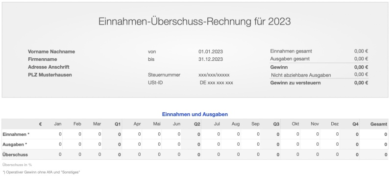 Einnahmen-Überschuss-Rechnung 2023 ohne US