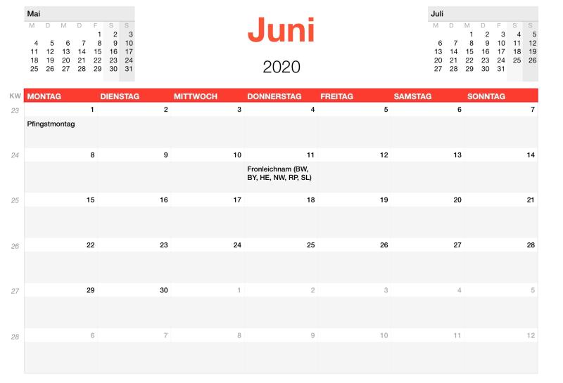Numbers Vorlage Kalender 2020 
