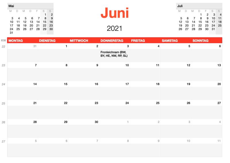 Numbers Vorlage Kalender 2021 