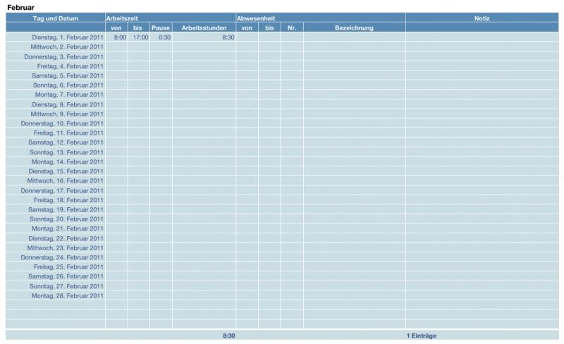 Numbers Vorlage Arbeitszeitnachweis 2011