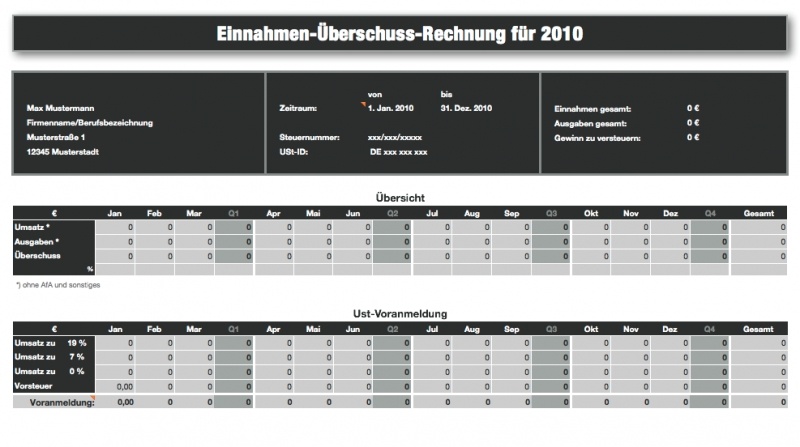 Einnahmen-Überschuss-Rechnung 2010 ohne USt für Mac