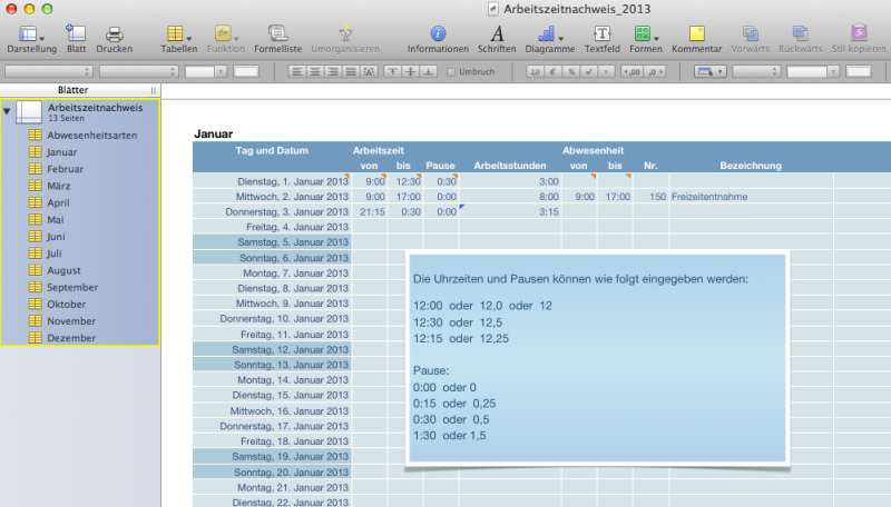 Numbers Vorlage Arbeitszeitnachweis 2013