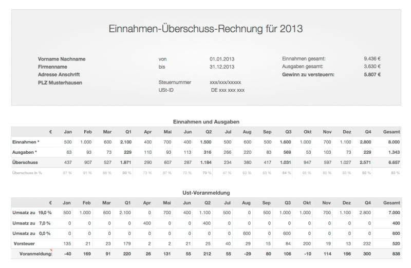 Einnahmen-Überschuss-Rechnung 2013 mit USt für Mac