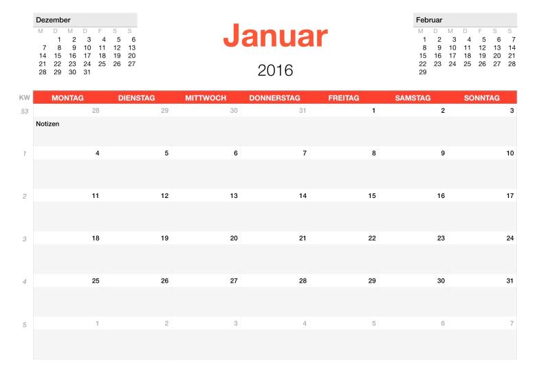 Numbers Vorlage Kalender 2016
