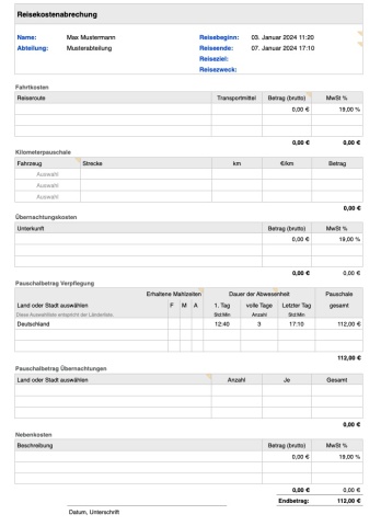 Numbers Vorlage Reisekostenabrechnung 2024 Formular