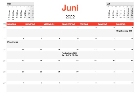 Numbers Vorlage Kalender 2022 