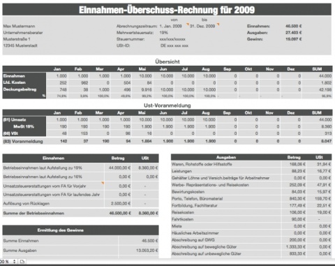 Einnahmen-Überschuss-Rechnung 2009 mit USt für Mac