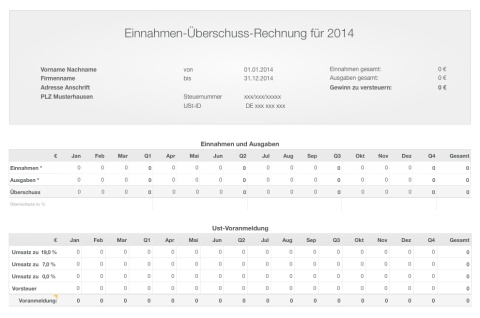 Einnahmen-Überschuss-Rechnung 2014 mit USt für Mac